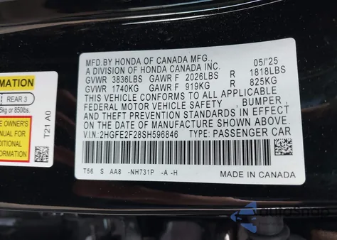 2025 Honda Civic Lx z USA, uszkodzony, nr VIN 2HGFE2F28SH596846